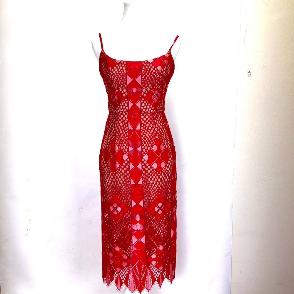 BCBG MaxAzaria Alese Red Lace Midi Dress